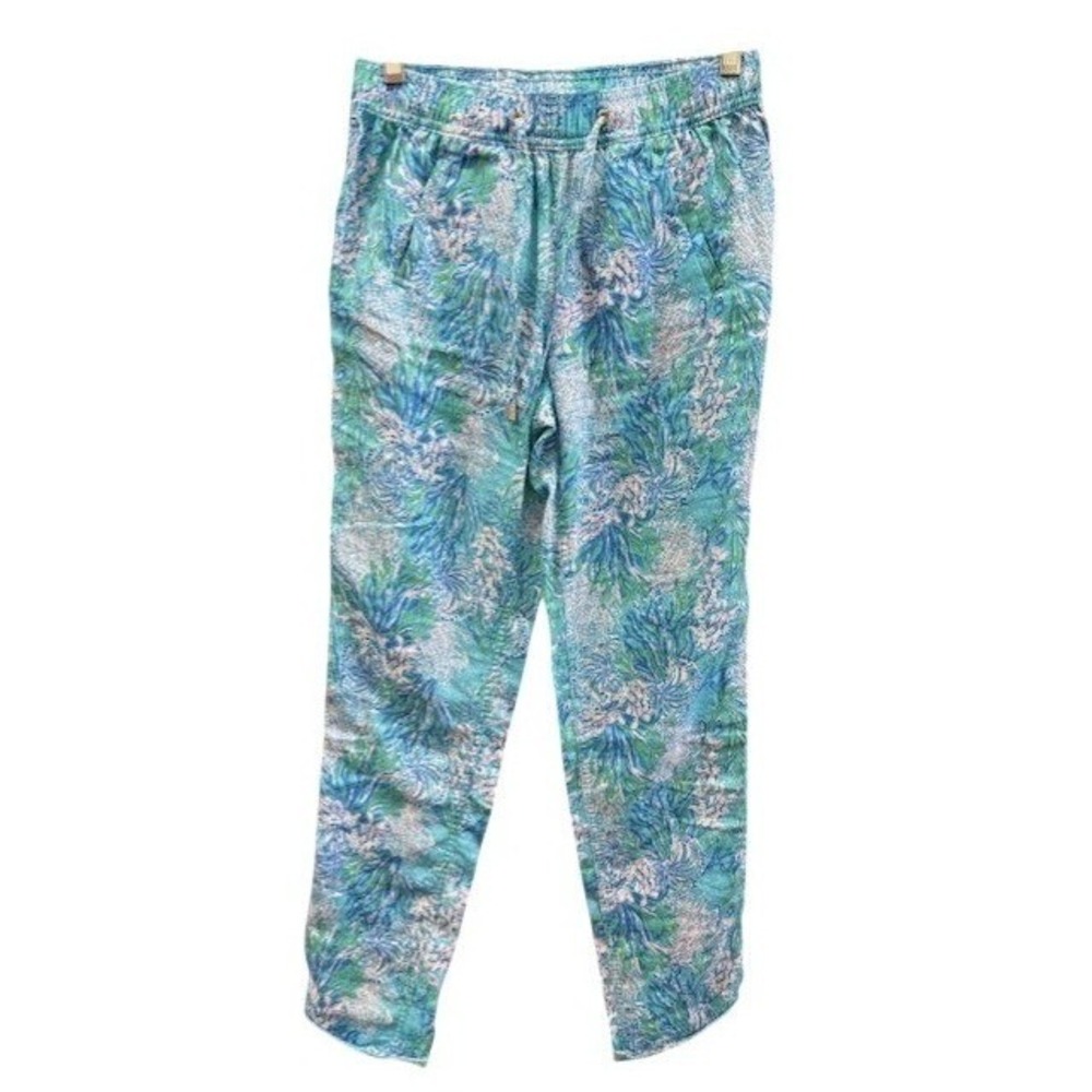 Lilly Pulitzer Blue Green Tropical Floral Linen Blend Drawstring‎ Beach Pants